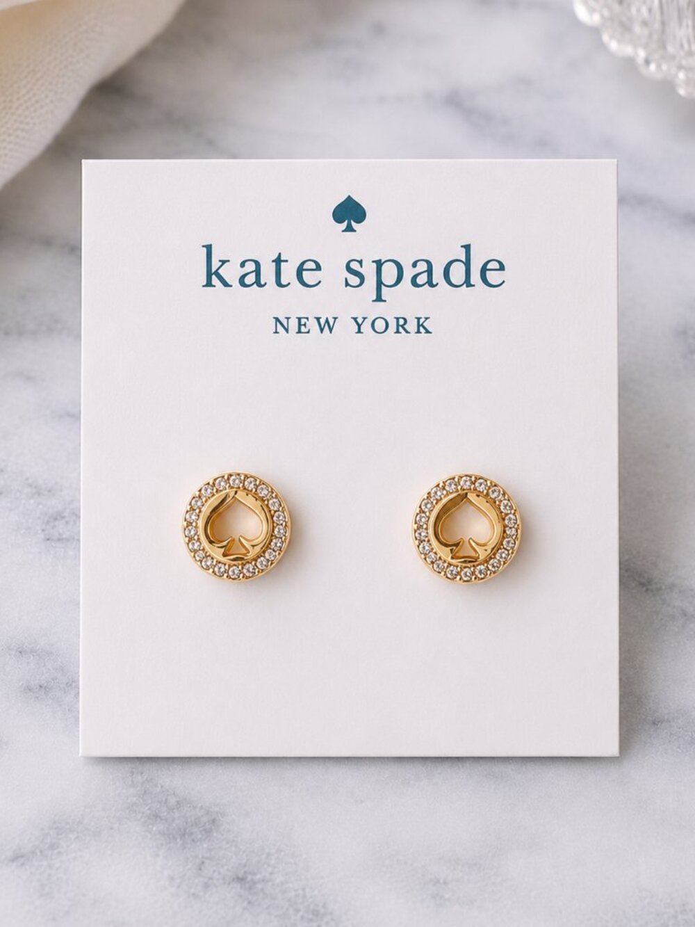 Kate Spade Pavé Crystal Spade Logo Stud Earrings Gold Tone Signature Earrings